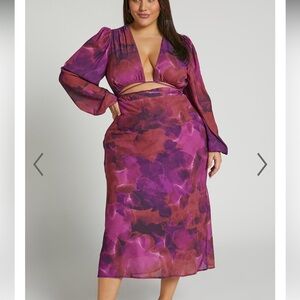 Showpo ARTOLA MIDI DRESS - FRONT CUT OUT LONG SLEEVE DRESS IN BLURRED DREAMS